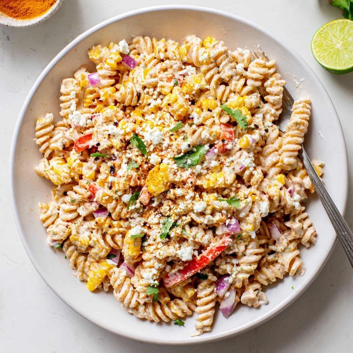 Creamy Mexican-inspired street corn pasta salad loaded with sweet corn, bell peppers, jalapeño, and salty cotija cheese topping