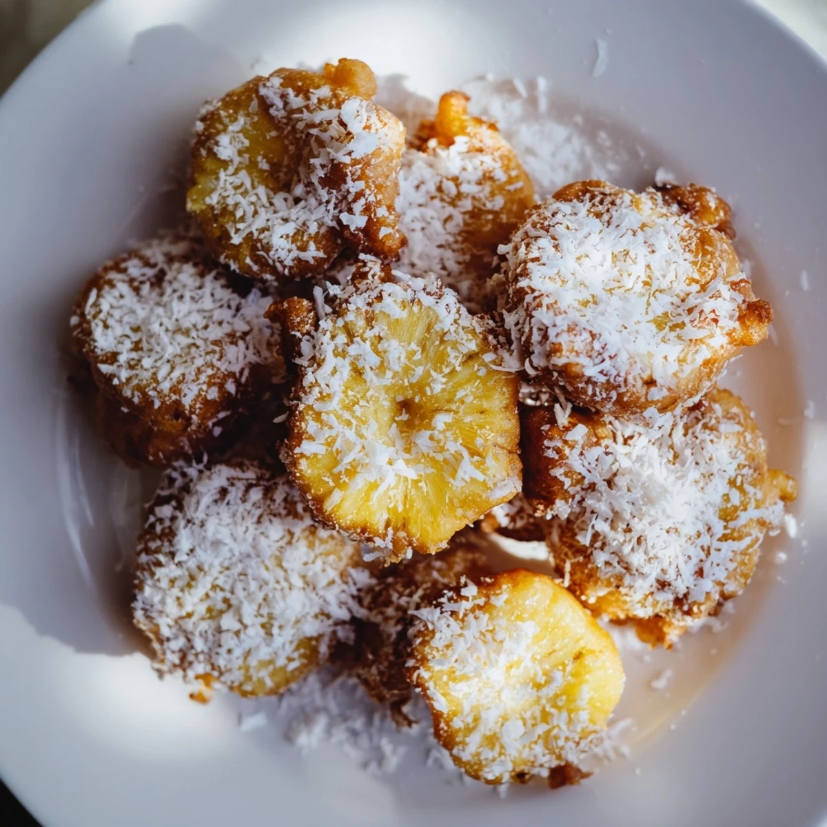 Fresh pineapple rings fried until golden brown with coconut flakes and sugar topping for tropical dessert