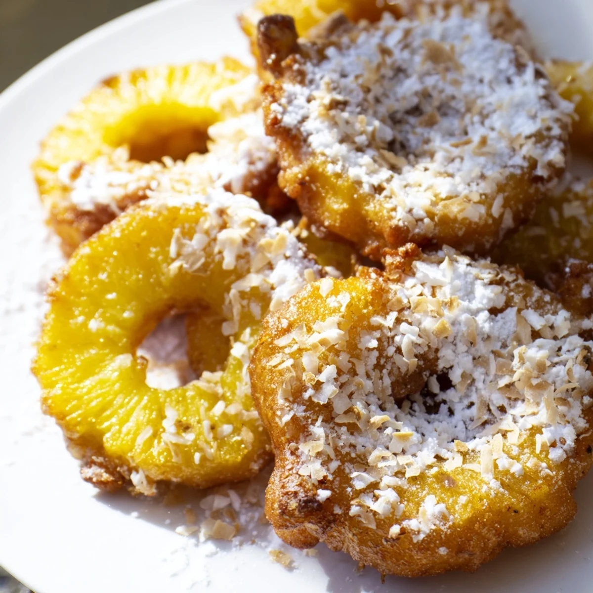 Golden pineapple fritters coated in crispy batter and dusted with powdered sugar on a white plate