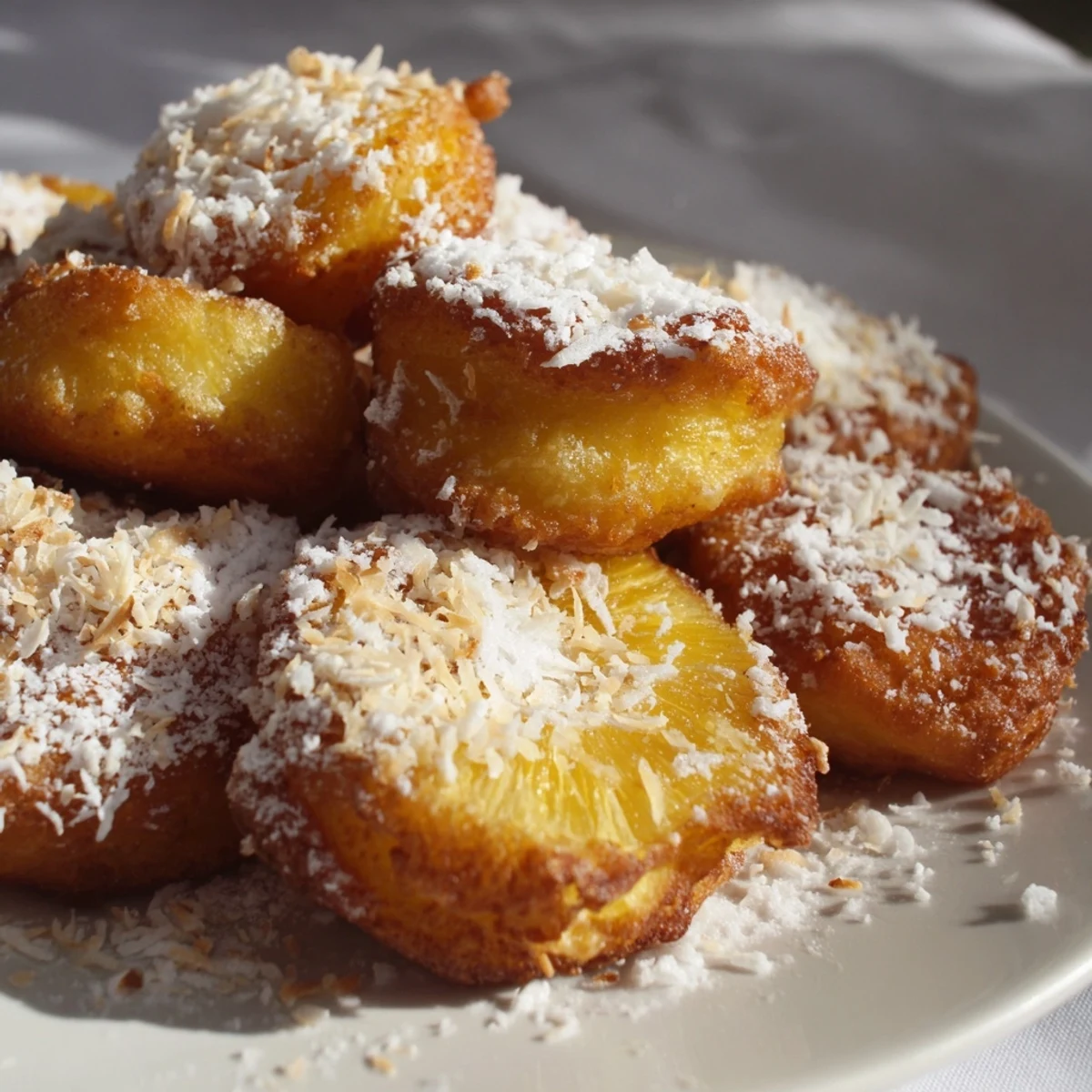 Warm crispy pineapple fritters garnished with shredded coconut and powdered sugar ready for serving