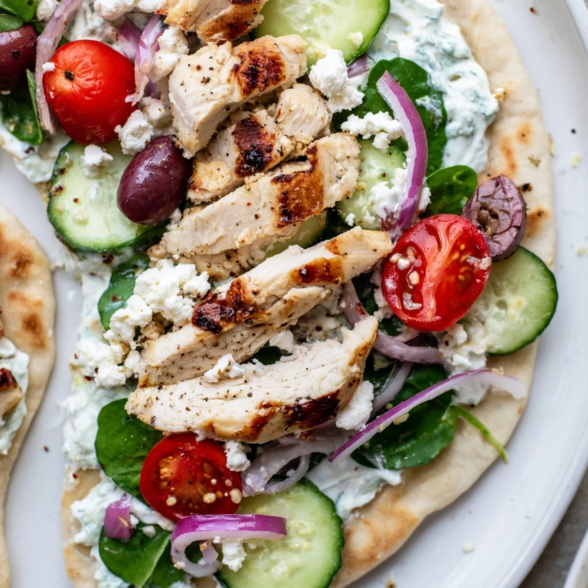 Mediterranean-style flatbread loaded with marinated chicken, feta cheese, and crisp colorful veggies