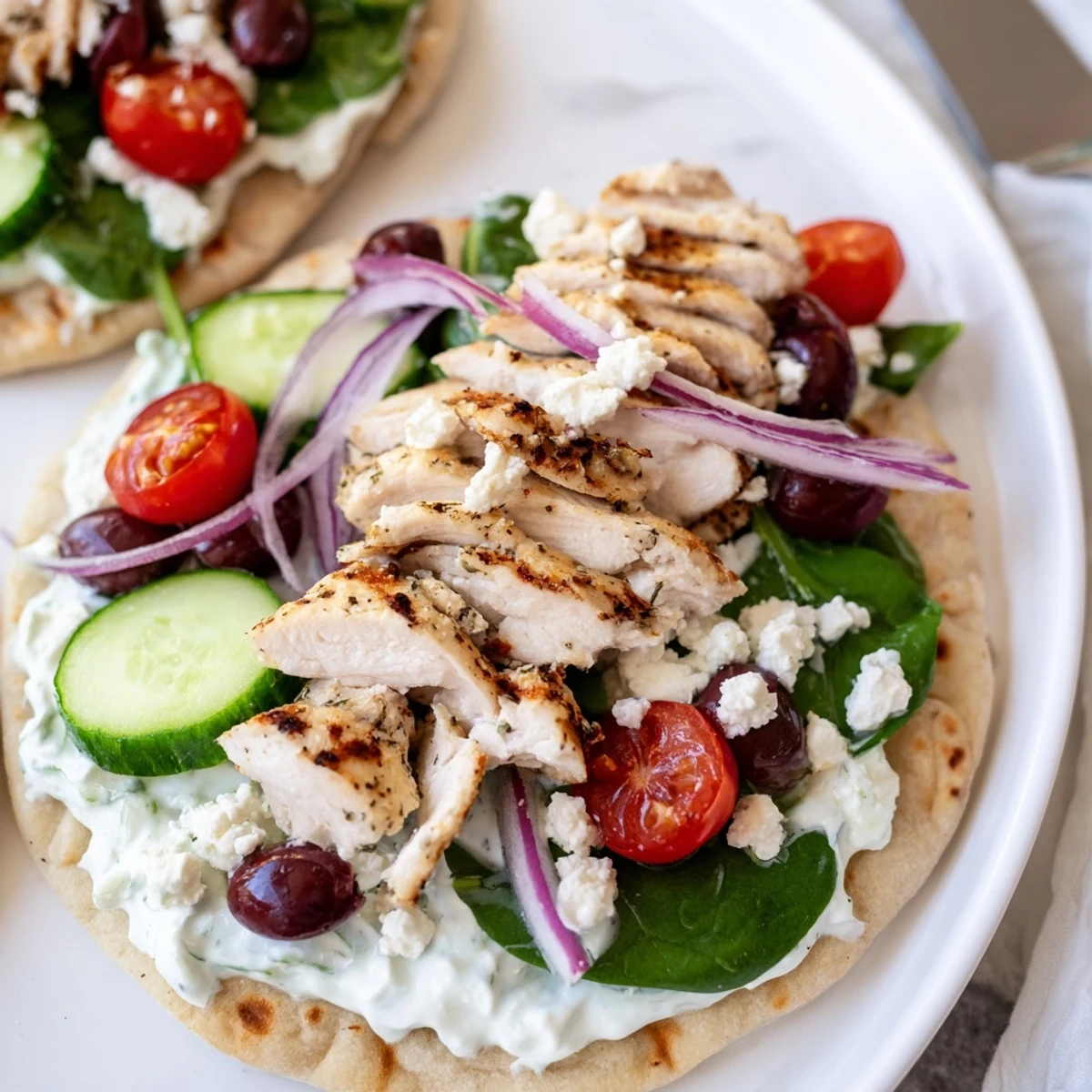 Homemade Greek chicken flatbread drizzled with tangy tzatziki and sprinkled with crumbled feta