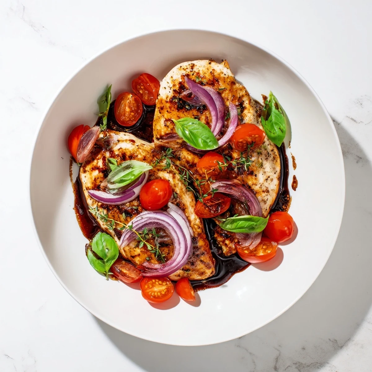 Golden pan-seared chicken breasts nestled in rich balsamic glaze with cherry tomatoes