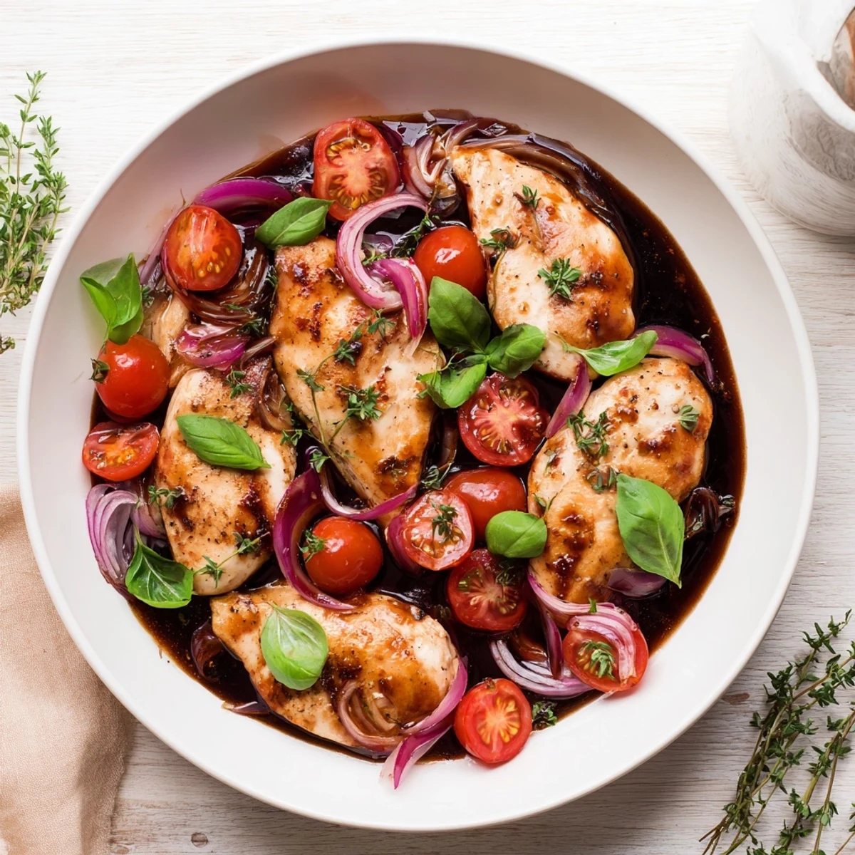 Juicy chicken thighs simmering in sweet balsamic vinegar alongside garlic and red onions