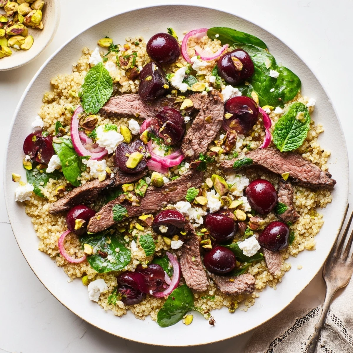 Colorful cherry quinoa salad with lamb featuring fresh cherries, herbs, and crumbled feta in a bowl