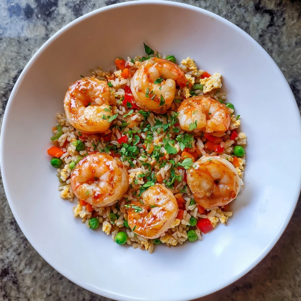 Golden garlic prawns arranged over colorful sweet chilli fried rice with vibrant diced vegetables