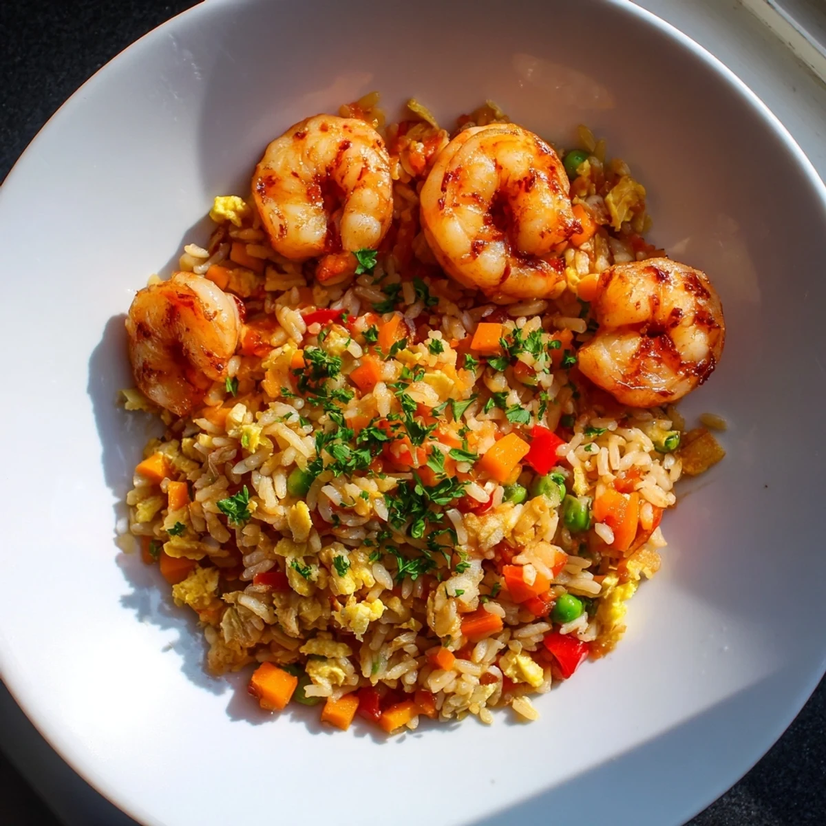 Plated garlic prawns garnished with fresh parsley beside steaming sweet chilli rice with peas and peppers