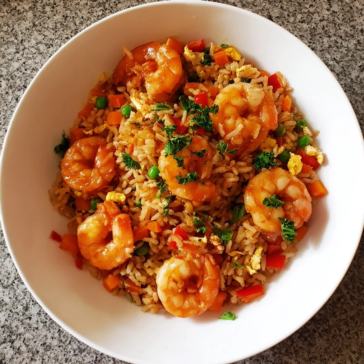 Savory Asian fusion bowl featuring juicy prawns atop sweet and spicy vegetable fried rice
