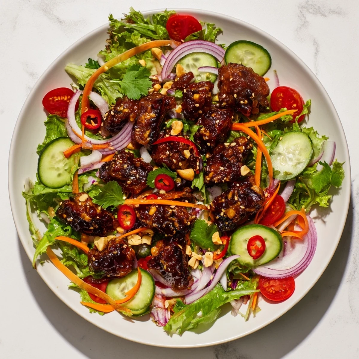 Golden crispy pork belly pieces coated in tangy sweet and sour glaze over fresh mixed salad greens with colorful vegetables