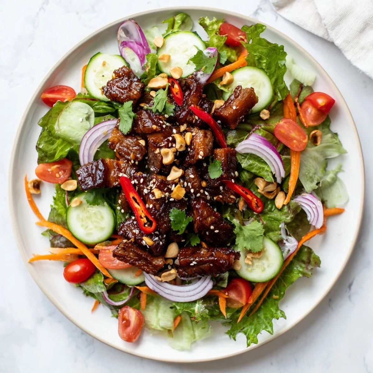 Vibrant Asian fusion salad featuring tender roasted pork belly with crunchy crackling atop cucumber, carrots, cherry tomatoes, and red bell pepper