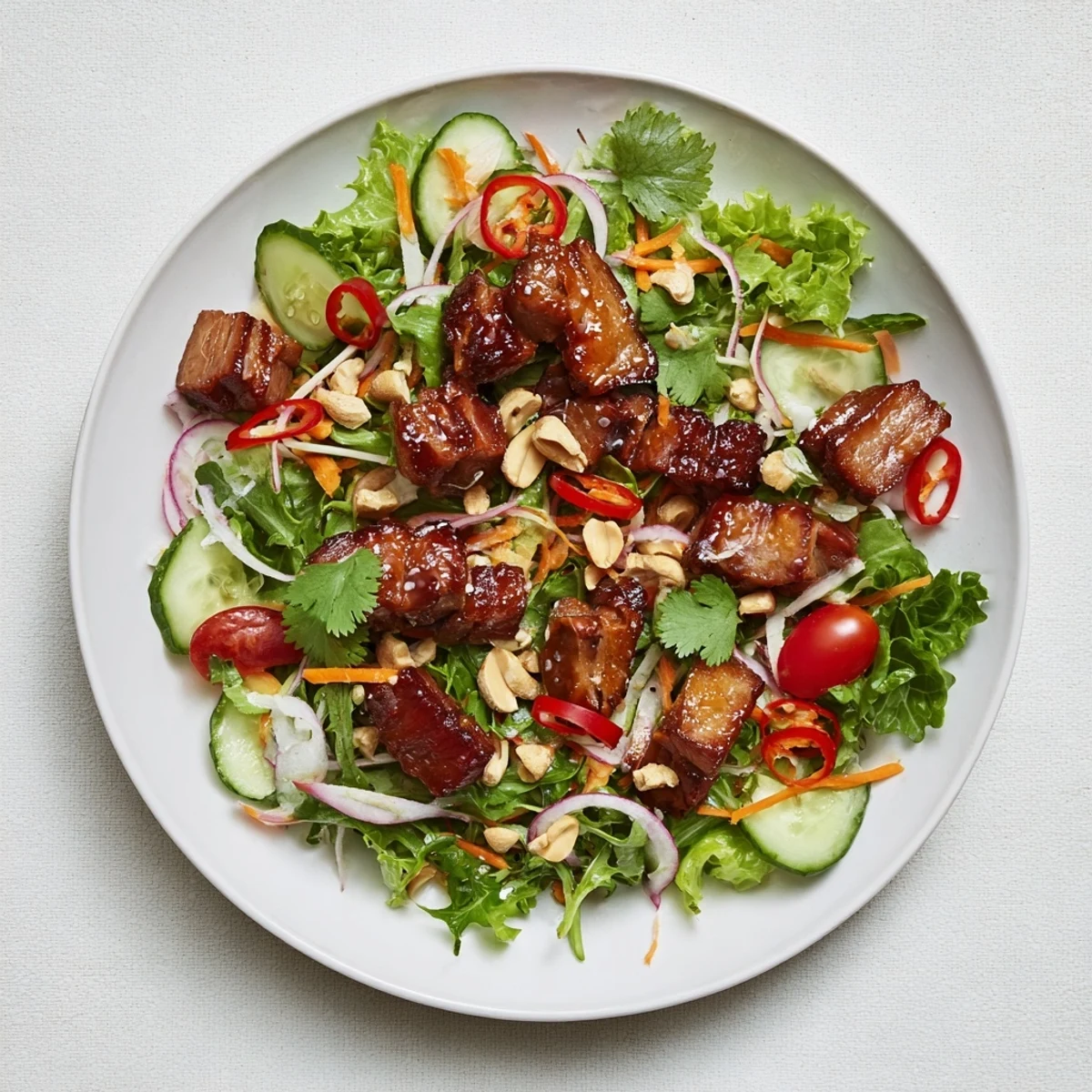 Plate of sweet and sour pork belly salad garnished with chopped roasted peanuts, sesame seeds, and fresh cilantro leaves