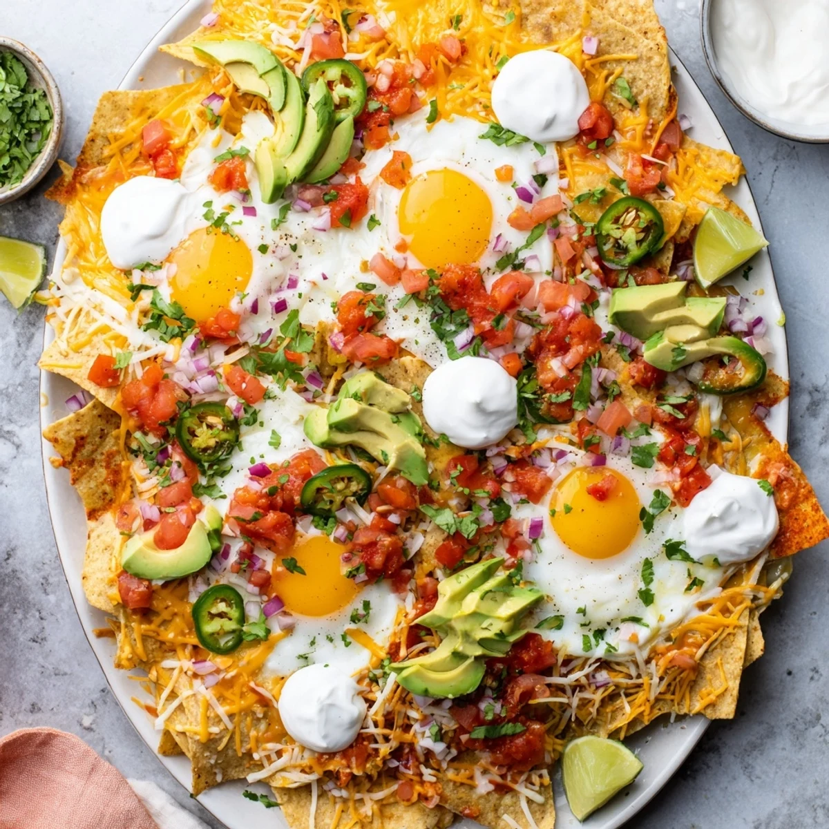 Crispy tortilla chips topped with melted cheese, fried eggs, fresh avocado, and vibrant Mexican Egg Nachos garnished with cilantro and jalapeños
