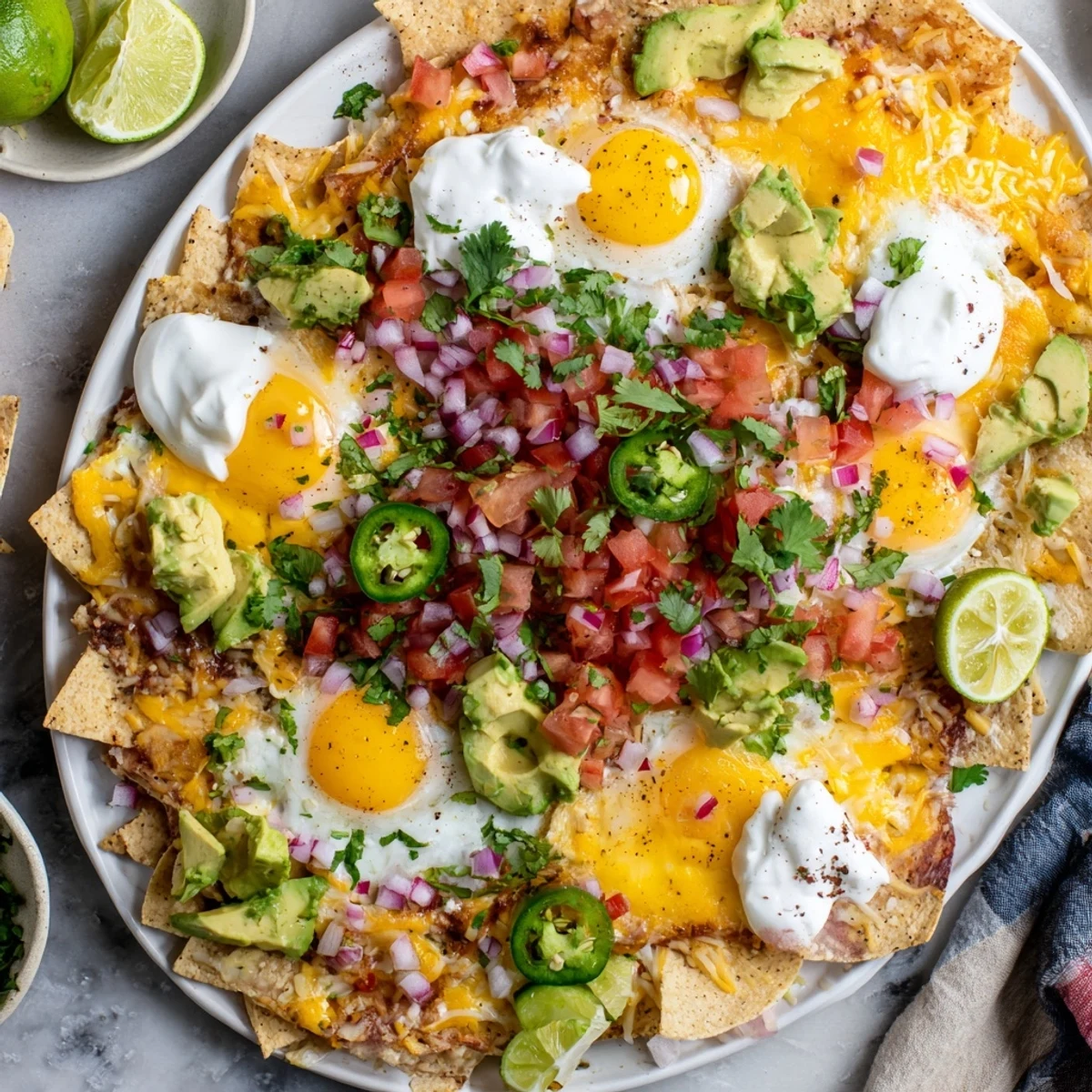 Golden sunny-side up eggs resting on a bed of cheesy tortilla chips, featuring this Mexican Egg Nachos recipe with diced tomatoes, creamy avocado slices, and tangy sour cream drizzle