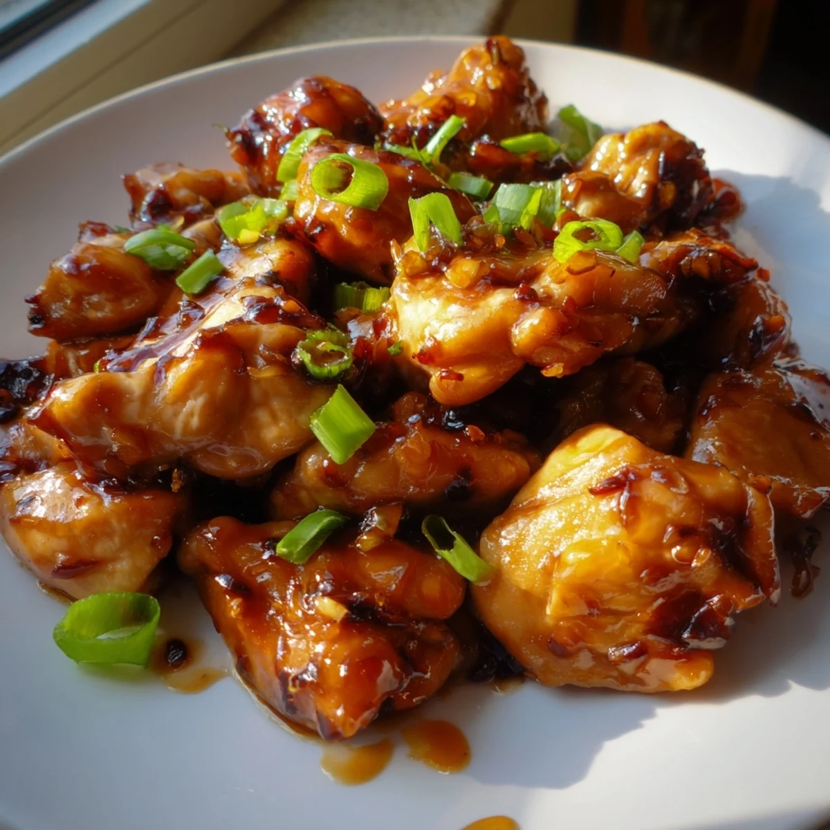 Tender pieces of Mongolian chicken simmered in caramelized brown sugar garlic glaze