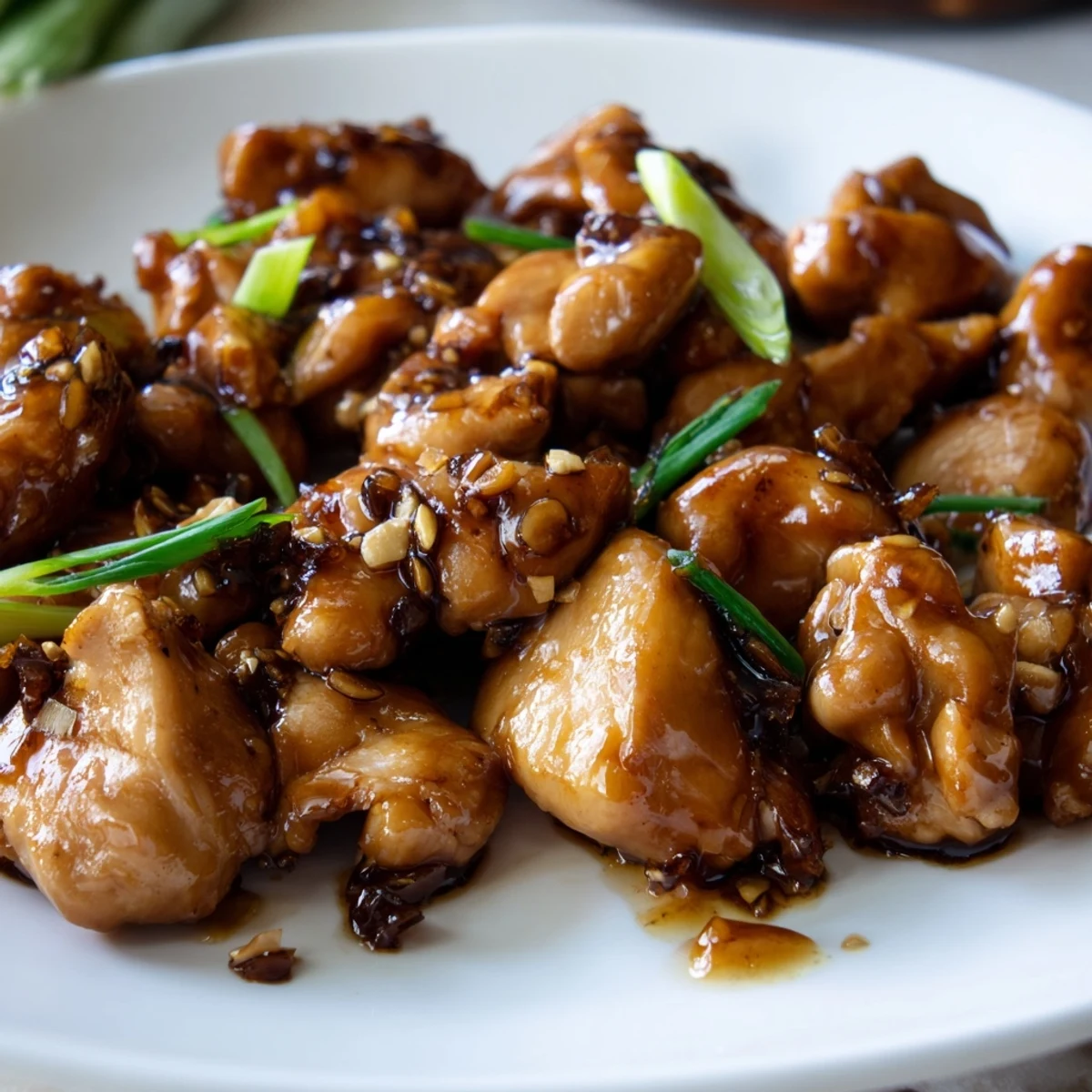 Golden brown Mongolian chicken glazed in thick sweet and savory soy ginger sauce