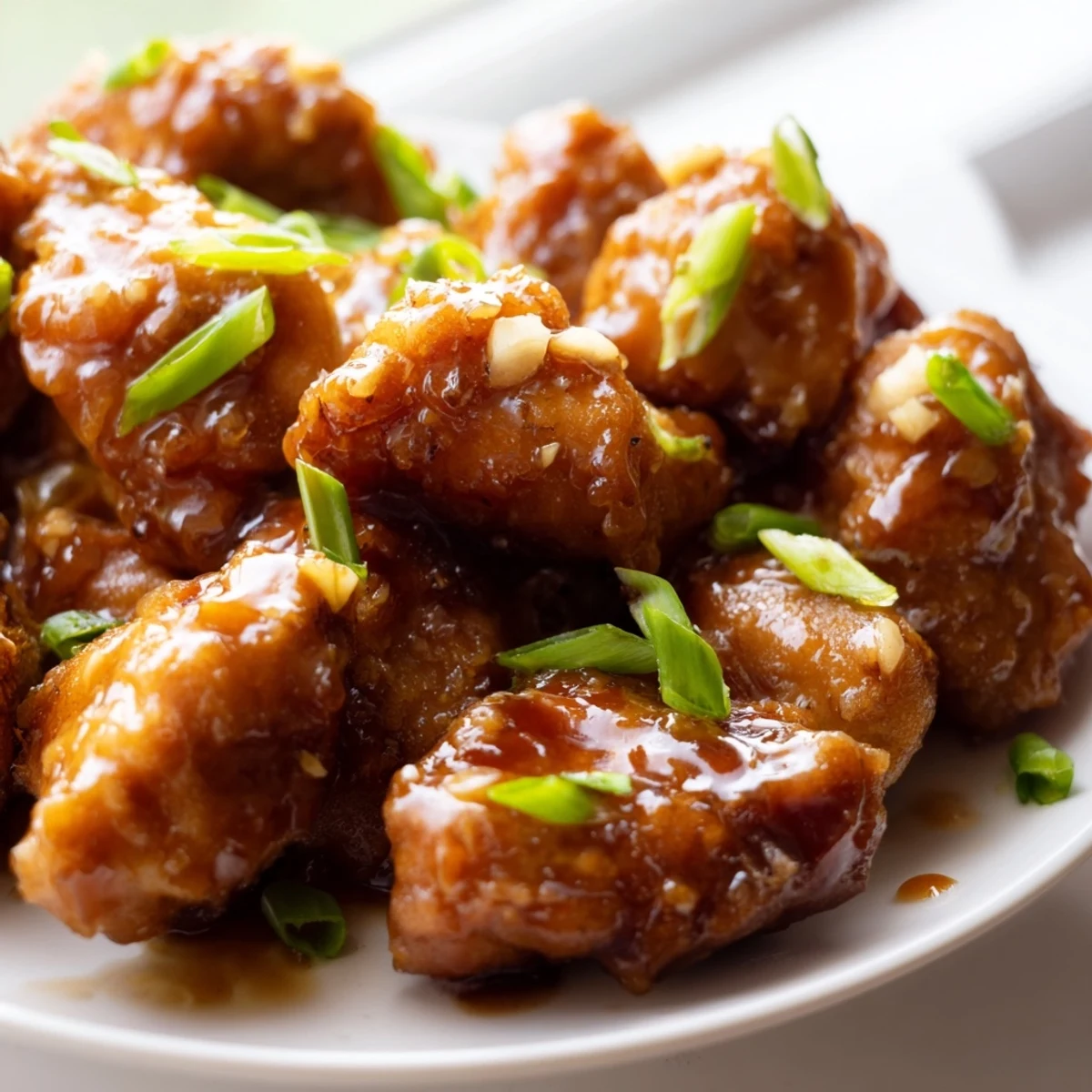 Plate of sticky Mongolian chicken topped with fresh green onions over steamed white rice