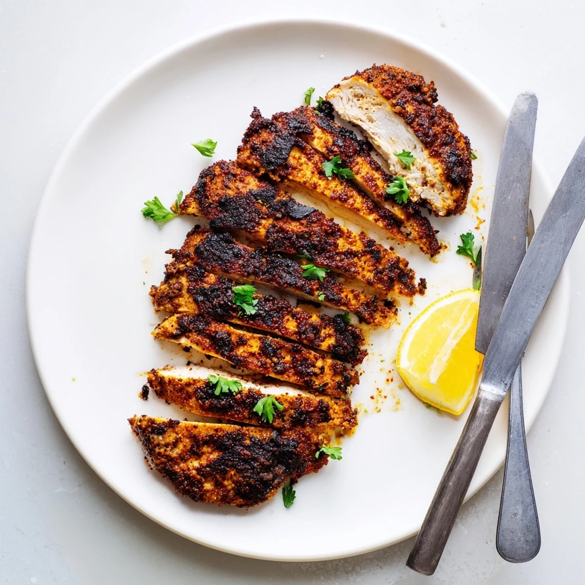 Golden blackened chicken breasts with a dark spicy crust on a white plate