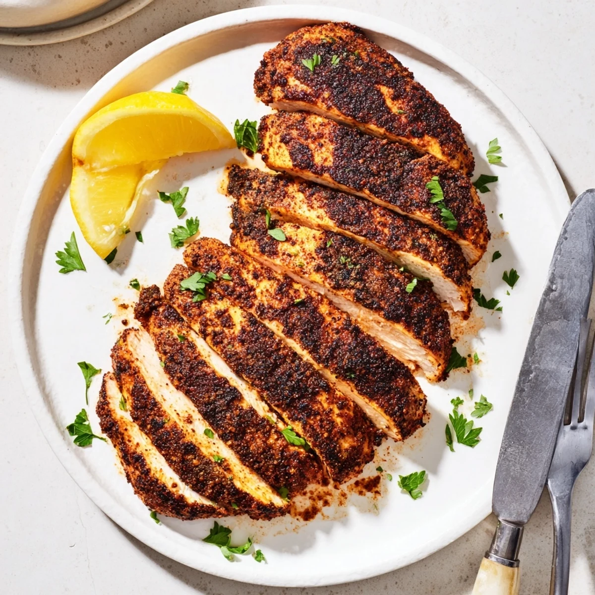 Juicy blackened chicken sliced to reveal tender meat with fresh lemon and parsley