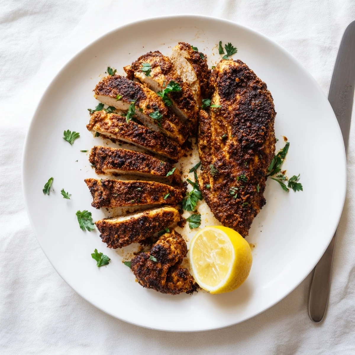 Cast iron blackened chicken breasts with smoky charred edges and vibrant herb garnish