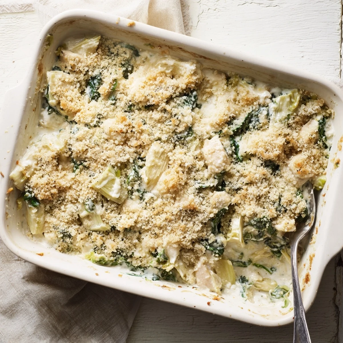 Golden brown high protein spinach and artichoke chicken casserole with melted cheese topping