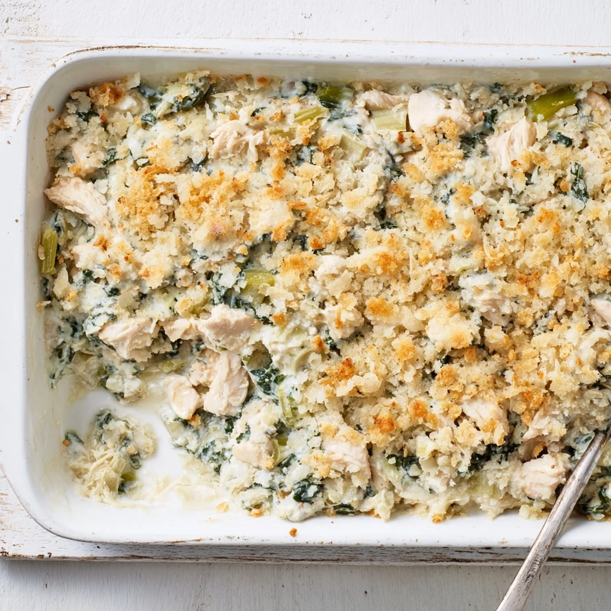 Serving of spinach and artichoke chicken casserole sprinkled with Parmesan and fresh parsley
