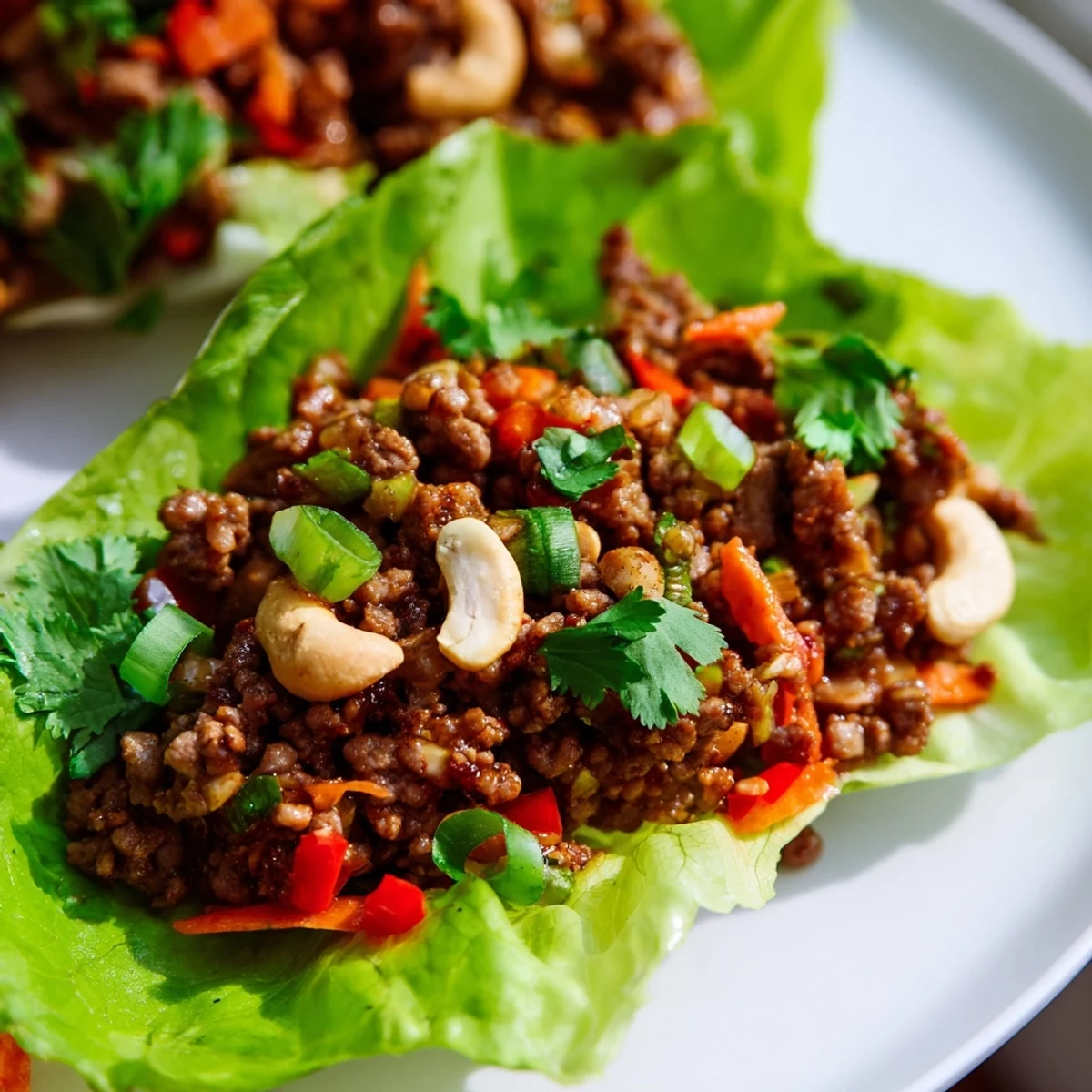 Garnished beef and cashew mixture served in chilled lettuce cups with fresh cilantro and lime wedges.