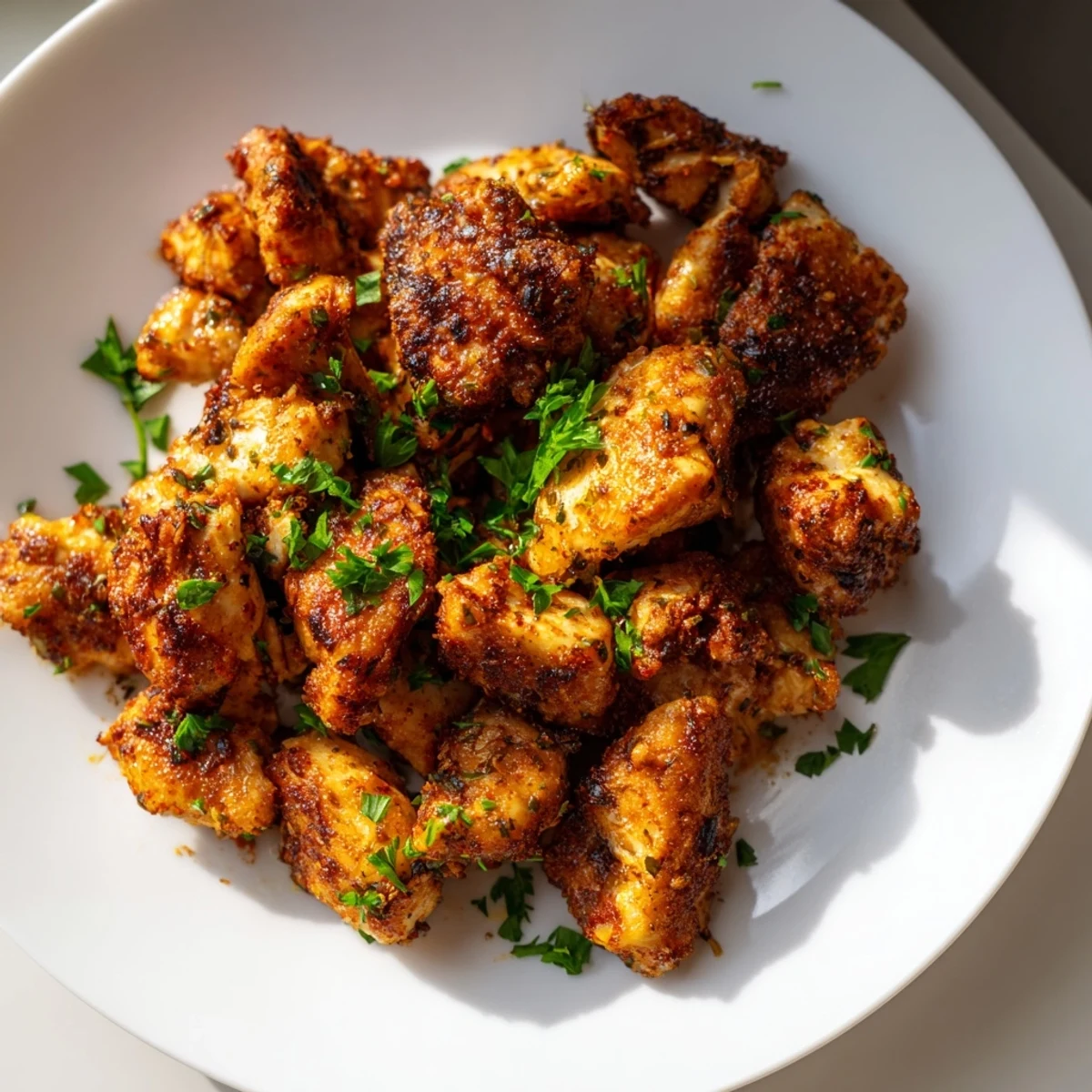 Golden air fryer lemon chicken bites arranged on a white serving plate with fresh parsley garnish and lemon wedges