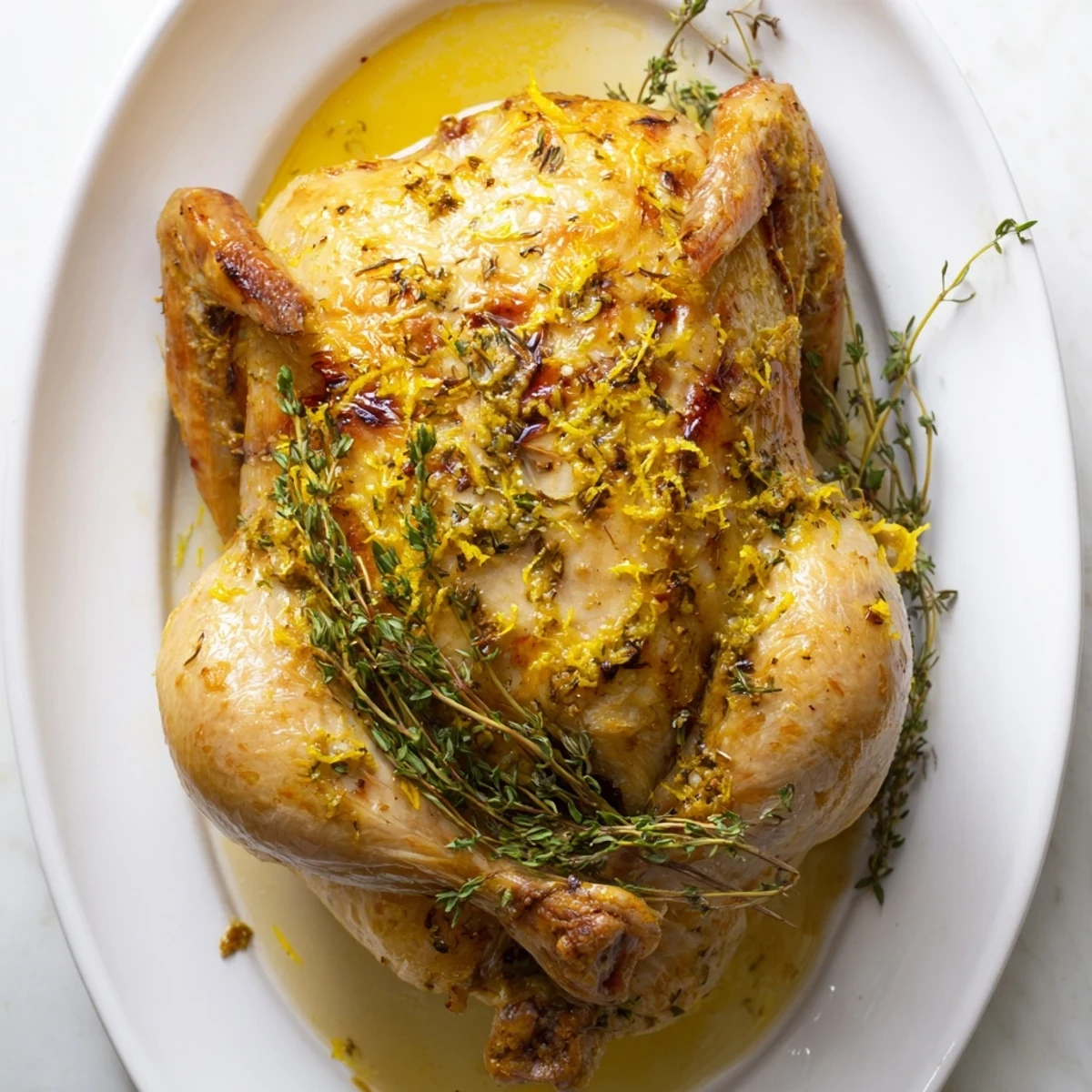Whole roasted chicken seasoned with zesty lemon and aromatic garlic, featuring crispy golden skin