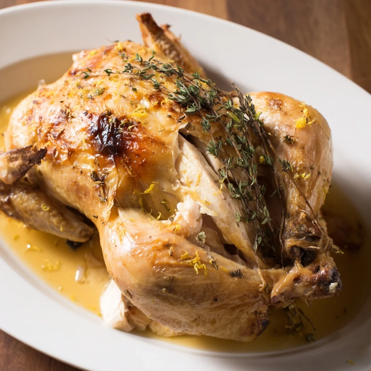 Mediterranean-style roast garlic and lemon chicken carved to reveal juicy, tender meat inside
