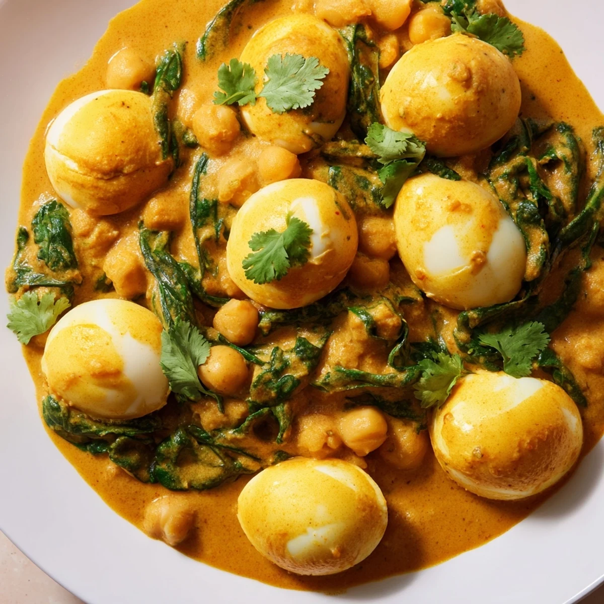Creamy mild egg korma with chickpeas and spinach in aromatic golden sauce garnished with fresh cilantro