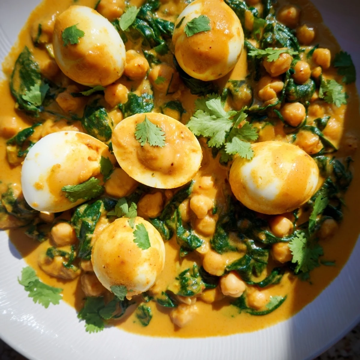Halved boiled eggs nestled in fragrant North Indian korma curry with tender chickpeas and wilted spinach