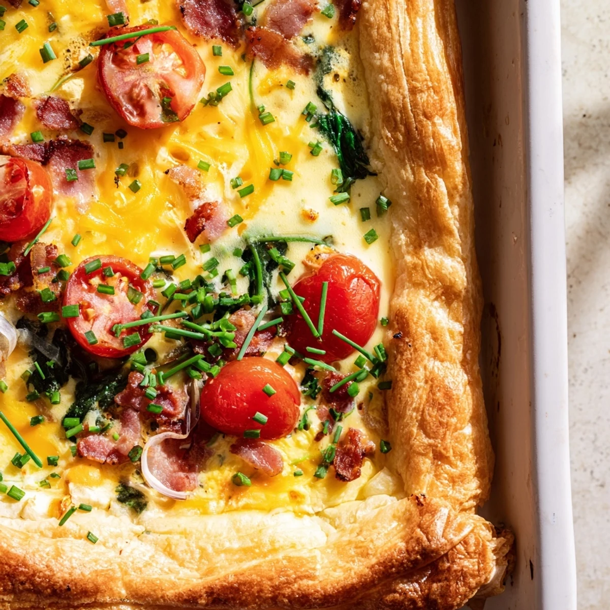Golden family breakfast tart with flaky crust, bacon, and fresh vegetables on a rustic wooden board