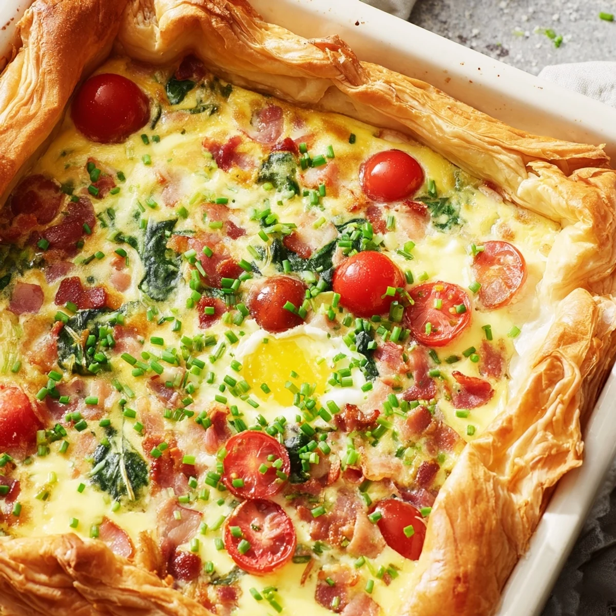 Sliced family breakfast tart showing creamy egg filling with spinach and tomatoes on a serving platter