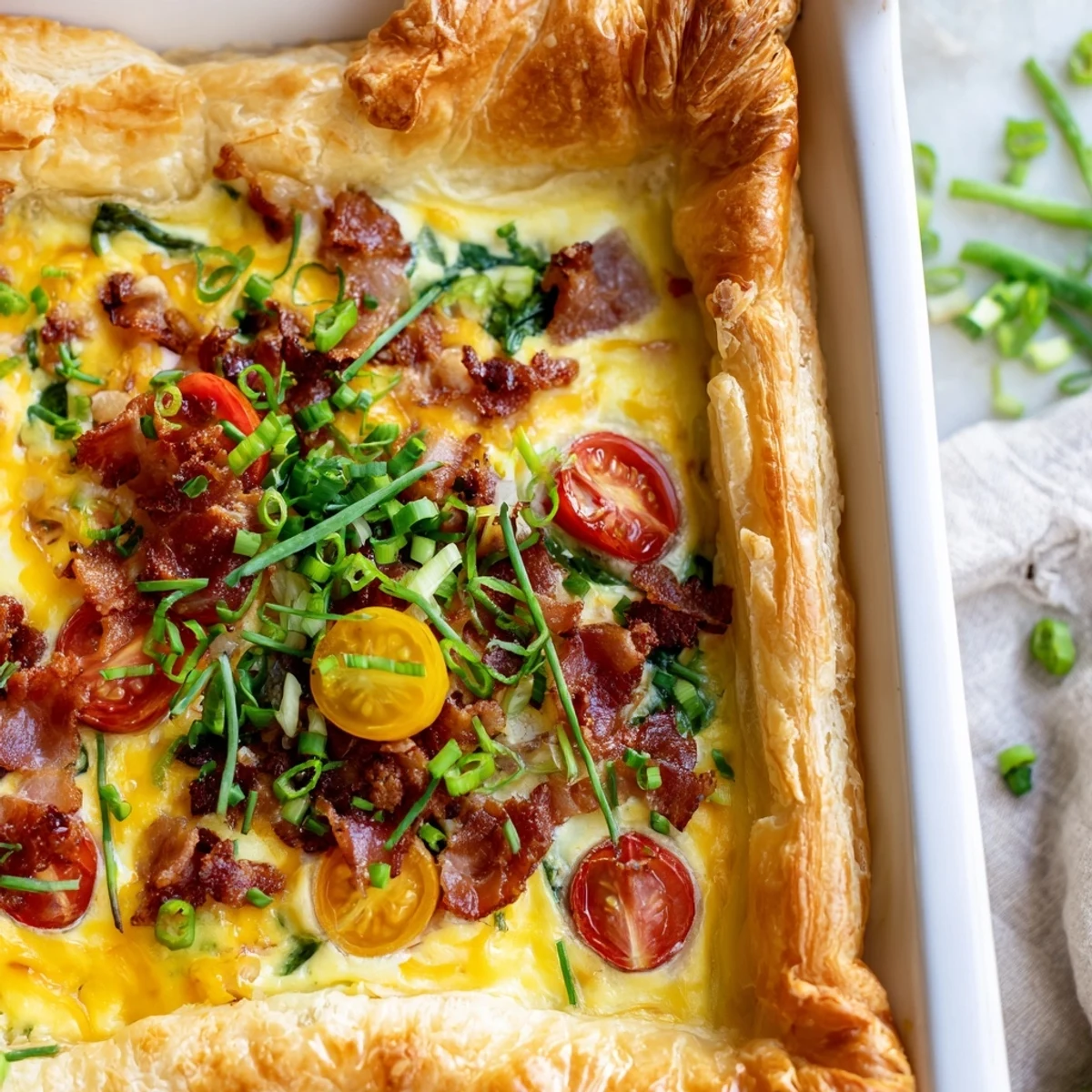 Savory breakfast tart featuring eggs, cheddar cheese, and crisp bacon in a golden puff pastry shell