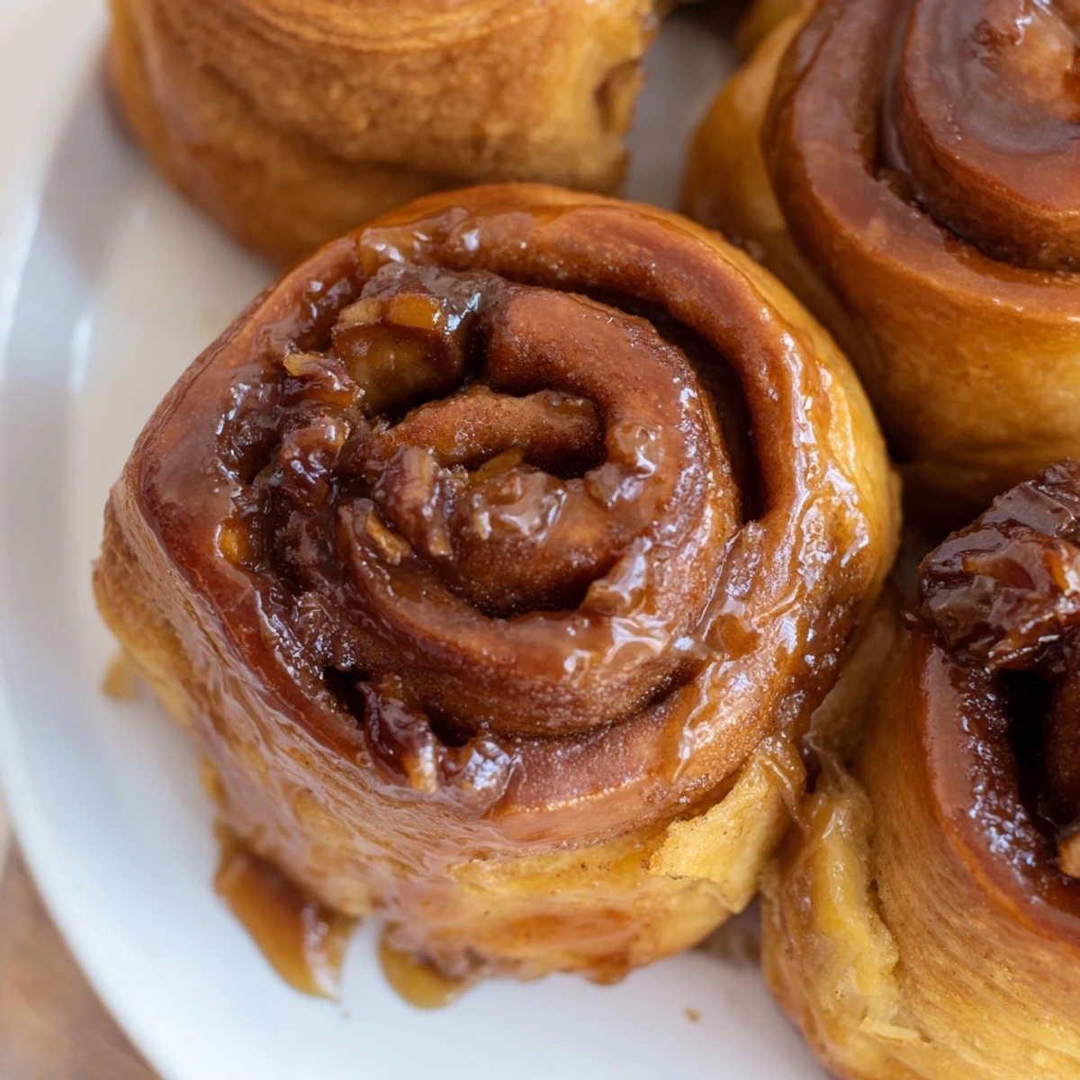 Golden Vietnamese cinnamon date sticky buns oozing with caramel glaze on a white serving platter