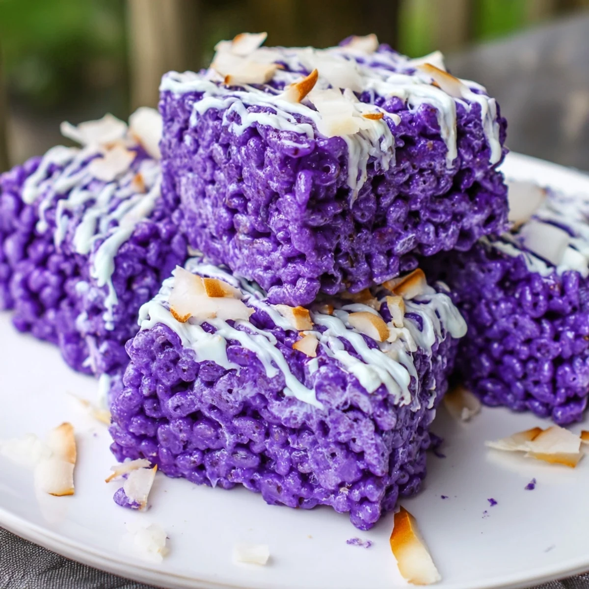Vibrant purple ube rice krispie treats drizzled with white chocolate and toasted coconut flakes