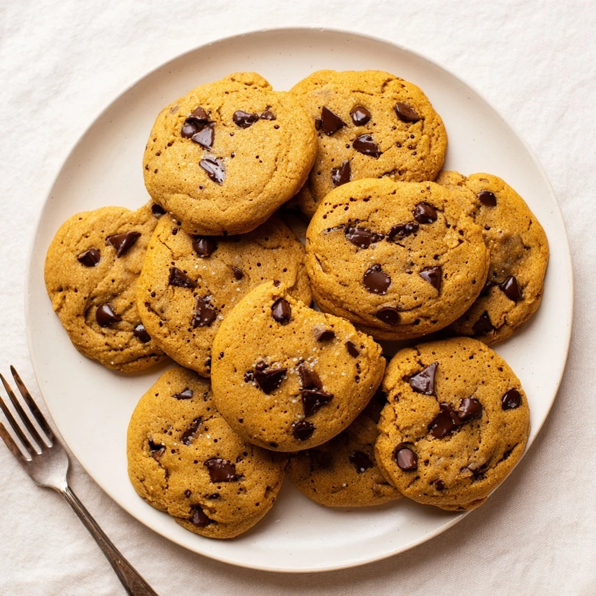 Freshly baked pumpkin spice chocolate chip cookies stacked on a wooden cutting board with autumn leaves scattered nearby.