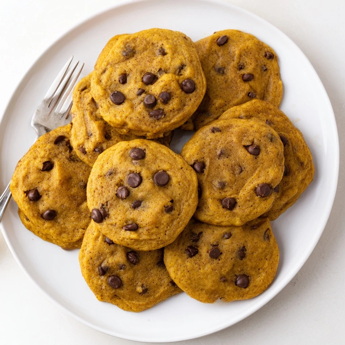 Soft pumpkin spice chocolate chip cookies with golden edges and melted chocolate chunks on a white plate.