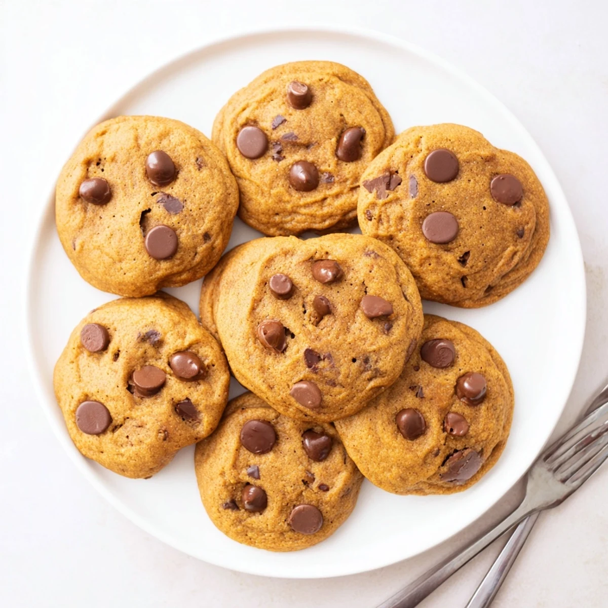 Warm pumpkin spice chocolate chip cookies cooling on a wire rack with specks of cinnamon visible in the dough.