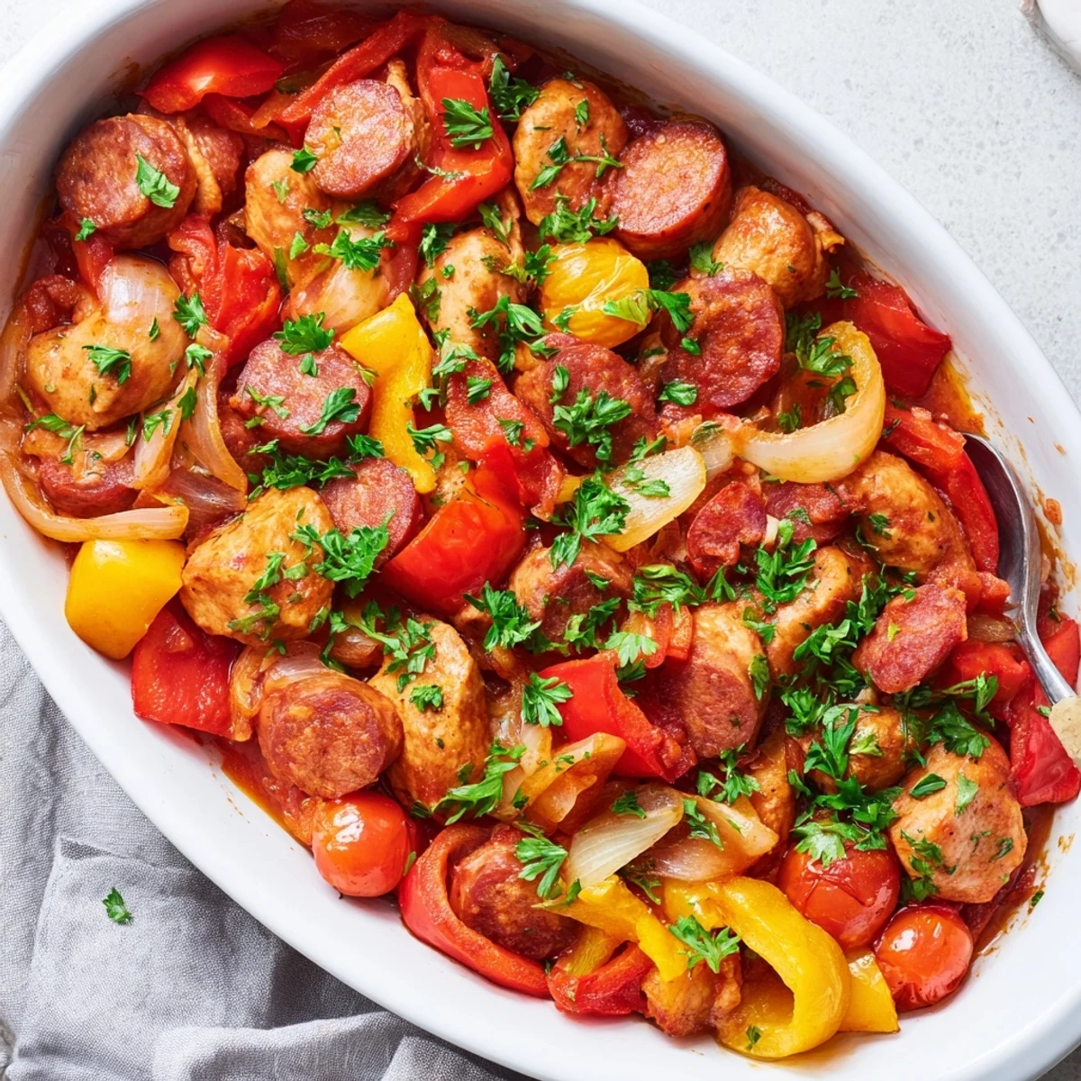 Golden chicken chorizo and tomato casserole bubbling in a Dutch oven with colorful peppers and fresh parsley garnish