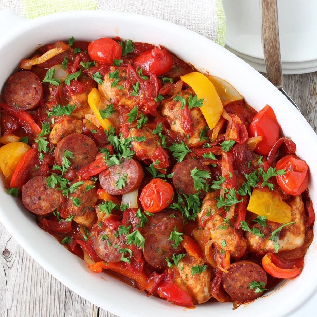 Hearty Spanish-inspired chicken chorizo and tomato casserole featuring tender meat chunks in rich red sauce with melted chorizo