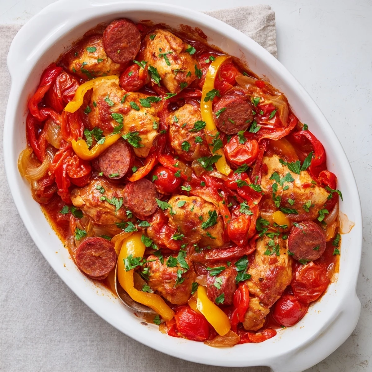 Savory one-pot chicken chorizo and tomato casserole served steaming hot with vibrant bell peppers and juicy cherry tomatoes