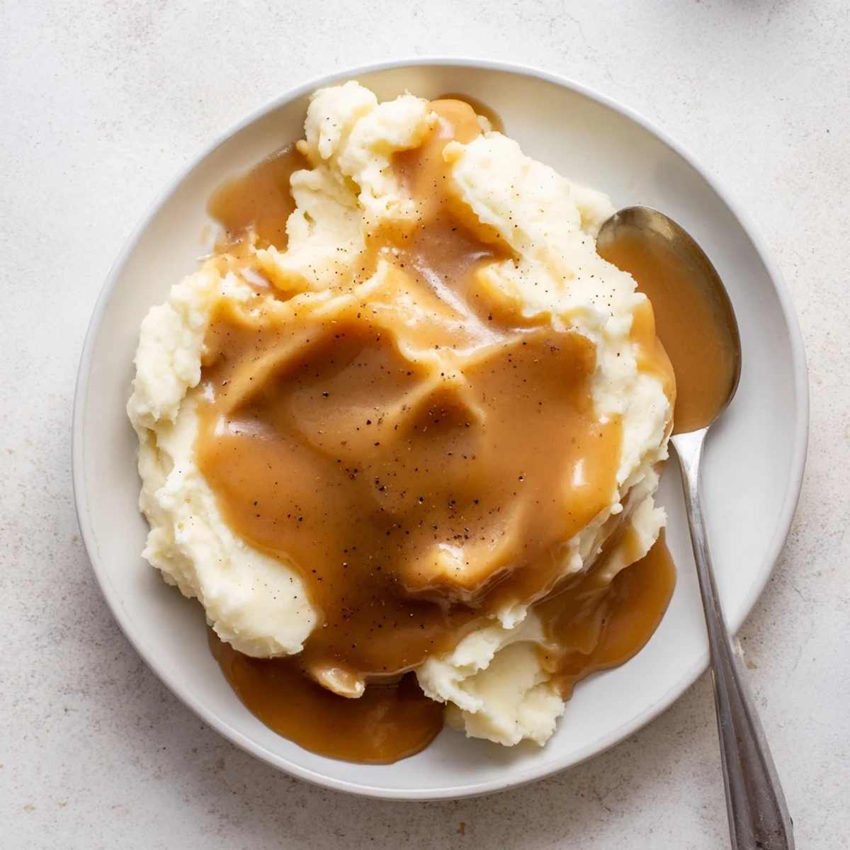 Silky smooth homemade gravy with fresh thyme sprigs drizzled beside herb roasted chicken quarters