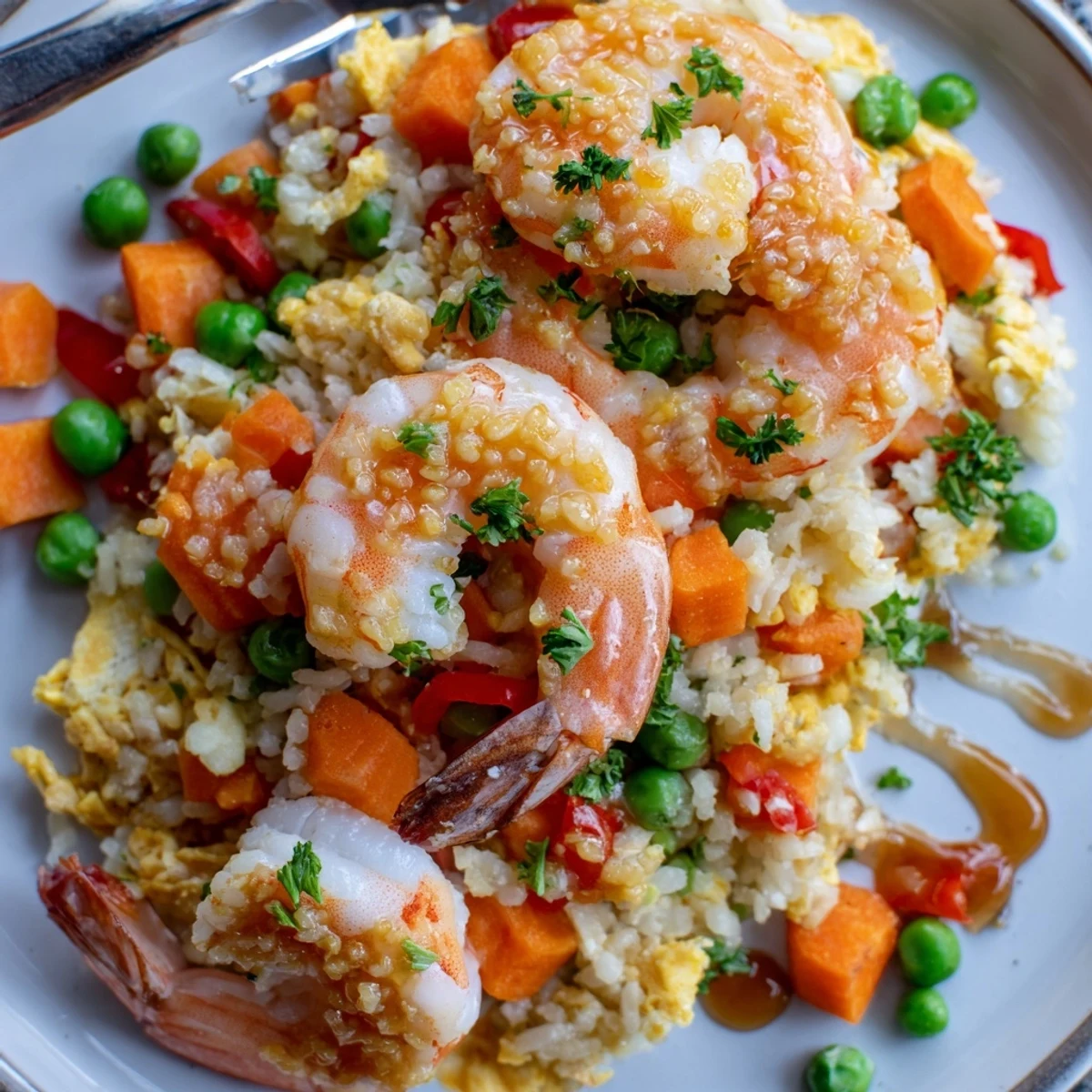 Golden garlic prawns atop sweet chilli fried rice with colorful vegetables in a white bowl