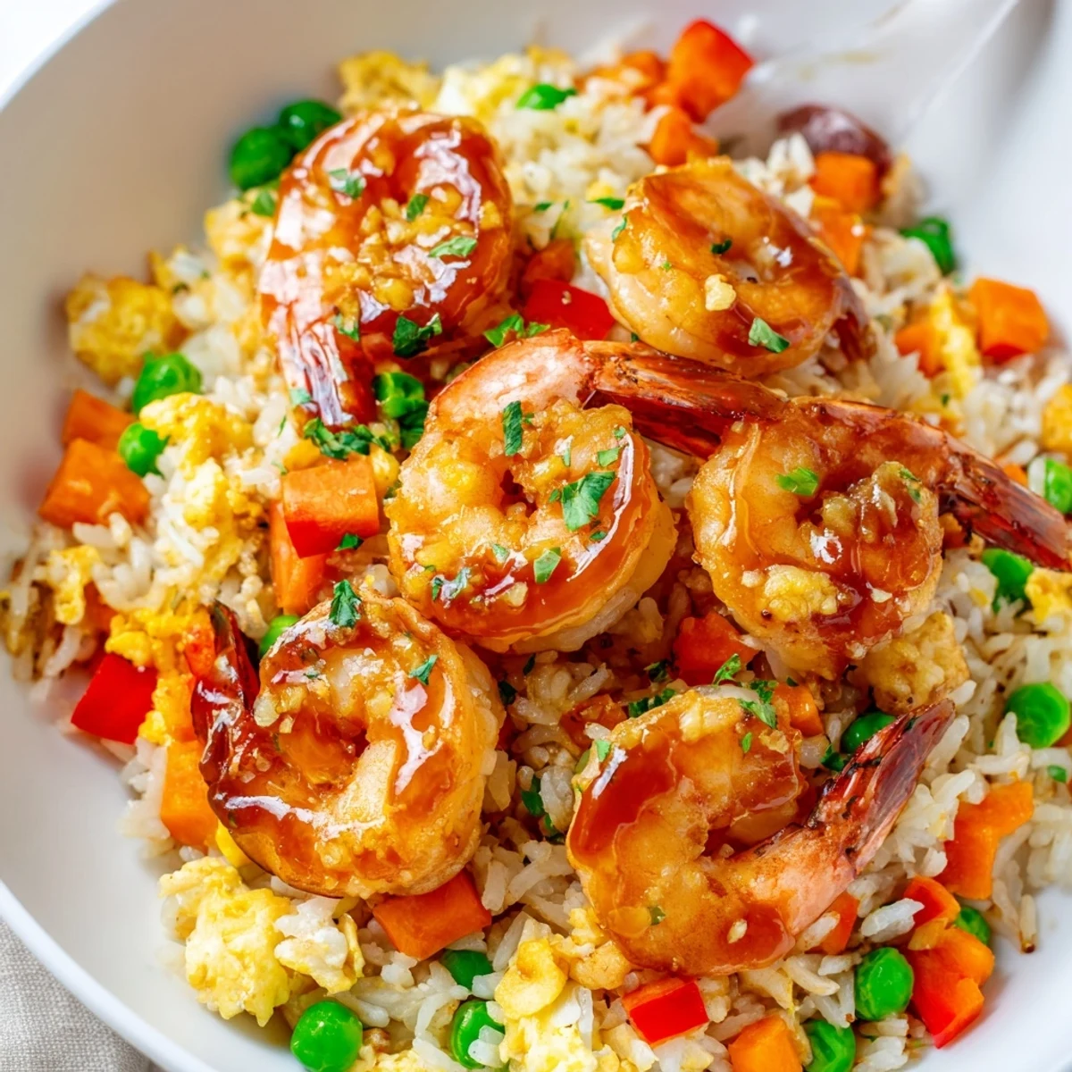 Steaming plate of Asian fusion garlic prawns and sweet chilli fried rice garnished with fresh spring onions