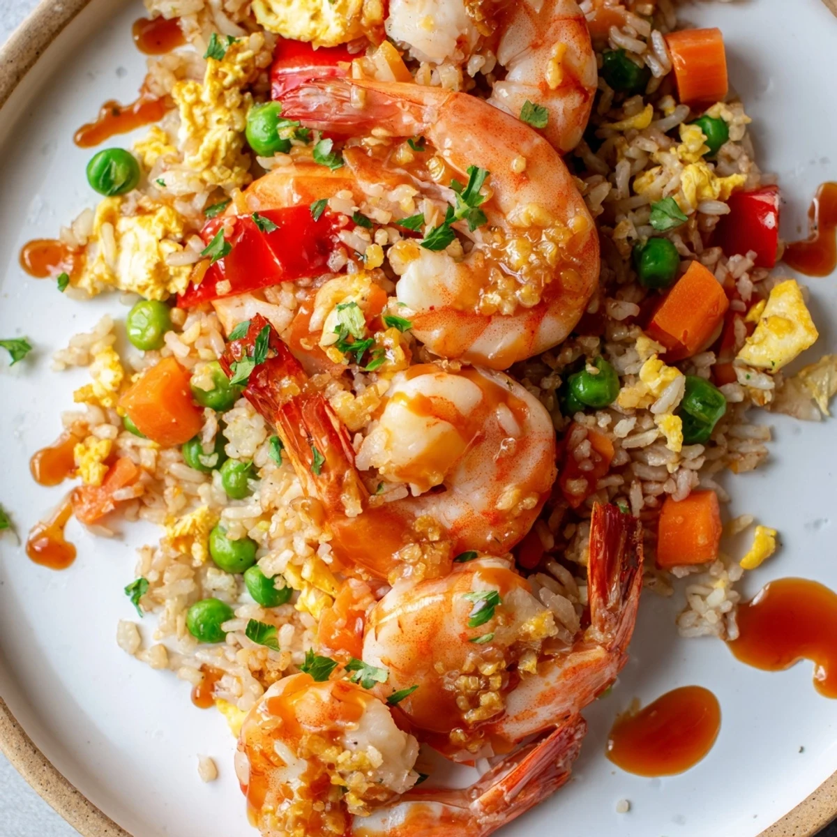 Succulent marinated prawns served over vegetable fried rice glazed with sweet chilli sauce and sesame oil