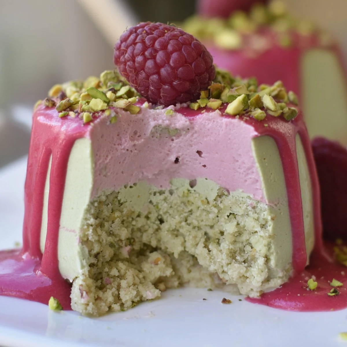 Elegant mini raspberry pistachio mousse cakes with glossy raspberry glaze and fresh berry garnish