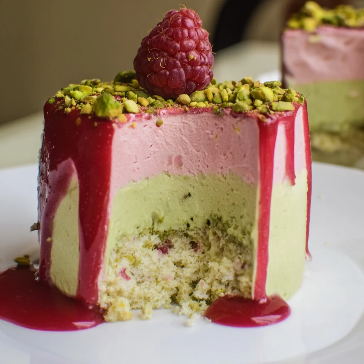 Individual French-inspired desserts featuring layered pistachio sponge and creamy mousse topped with vibrant raspberry