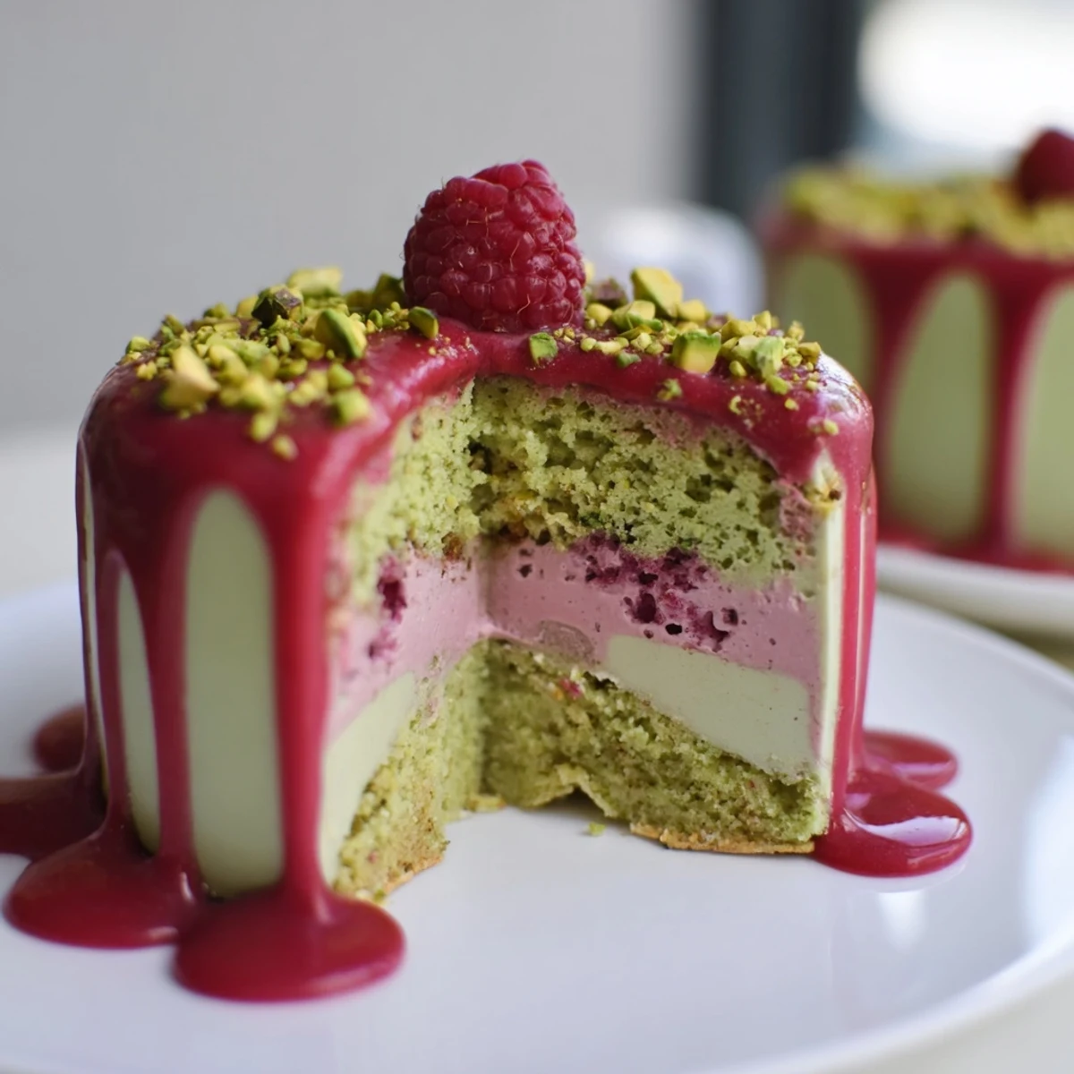 Small pistachio mousse cakes with smooth raspberry glaze, chopped pistachios, and plump fresh raspberries