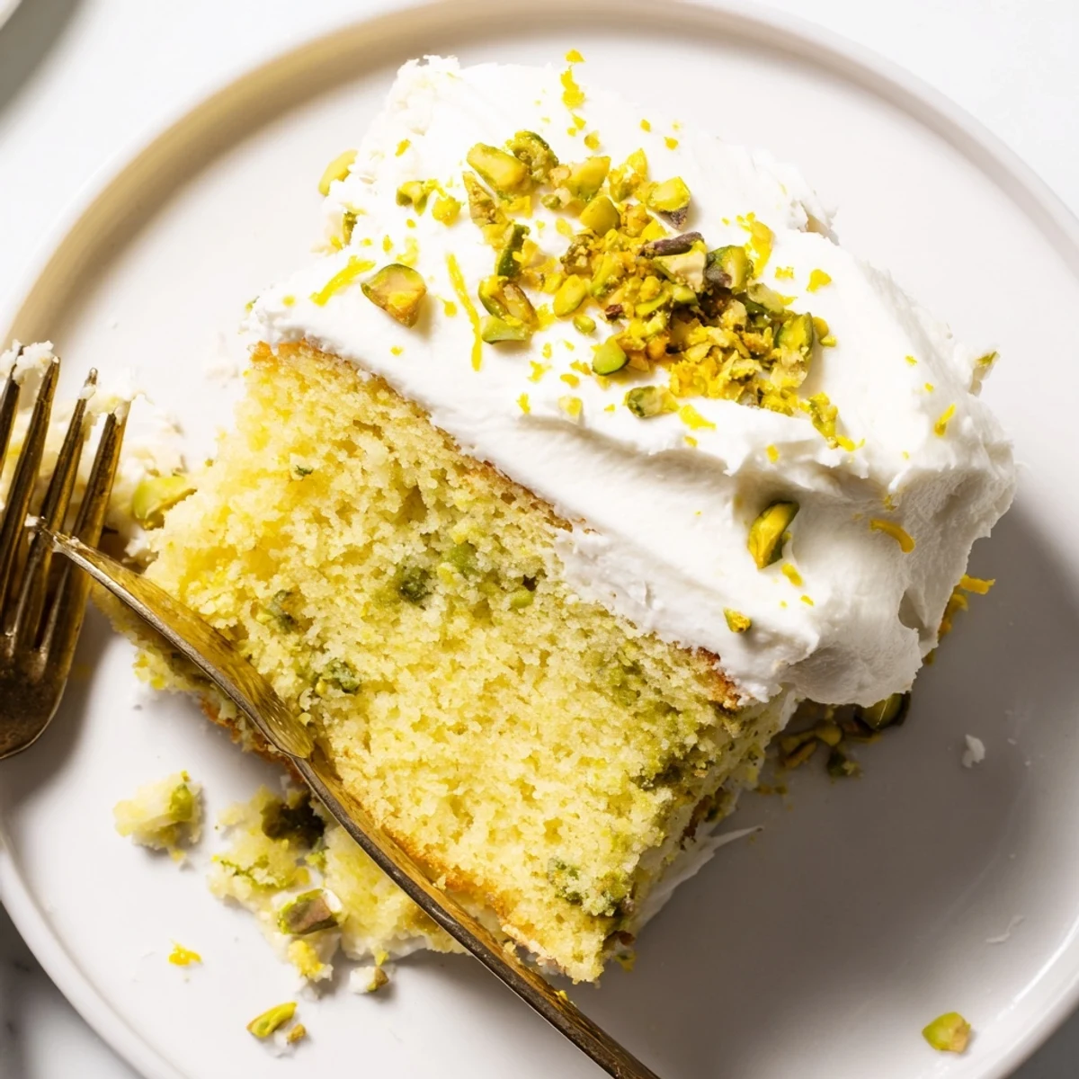 Slice of lemon pistachio cake topped with creamy white mascarpone frosting and green pistachio crumbs